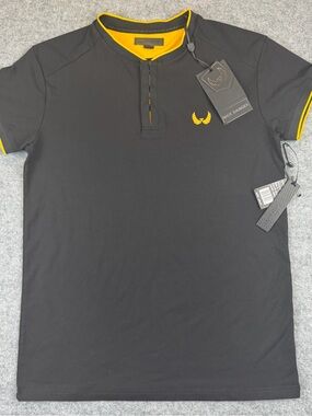 Nick Danger Henley Shirt Men’s S Black Honey Mustard Trim Flex Fit NWT